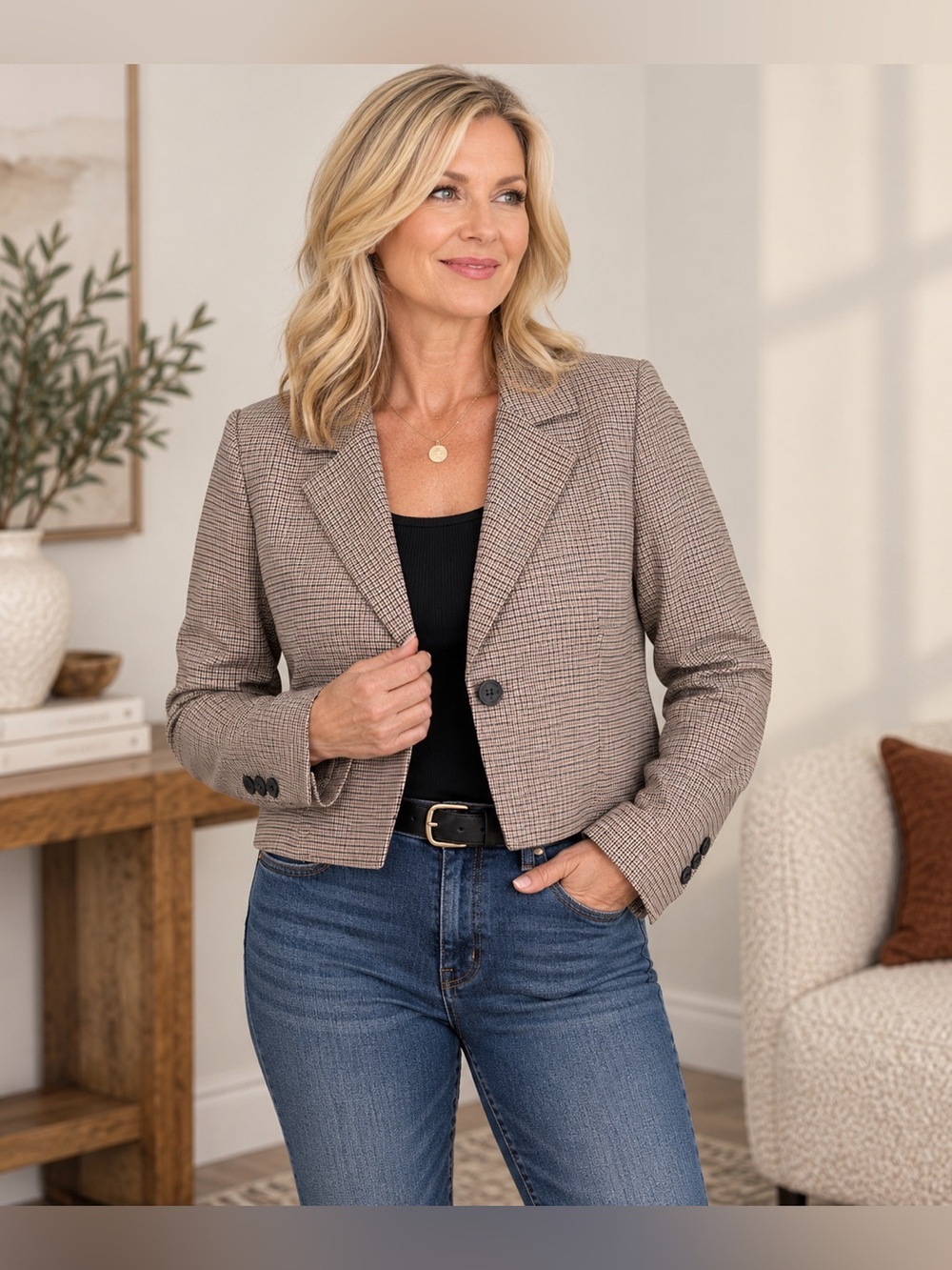 House of Harlow 1960 Cropped Houndstooth Blazer Brown Tan Size Large